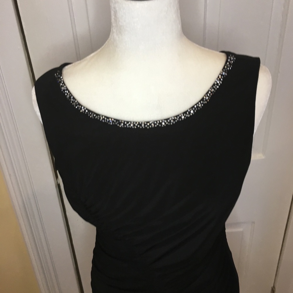 Black dress with rhinestone neckline and rushing